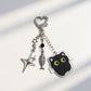 Black Cat Keychain with Heart Clasp and Silver Charms