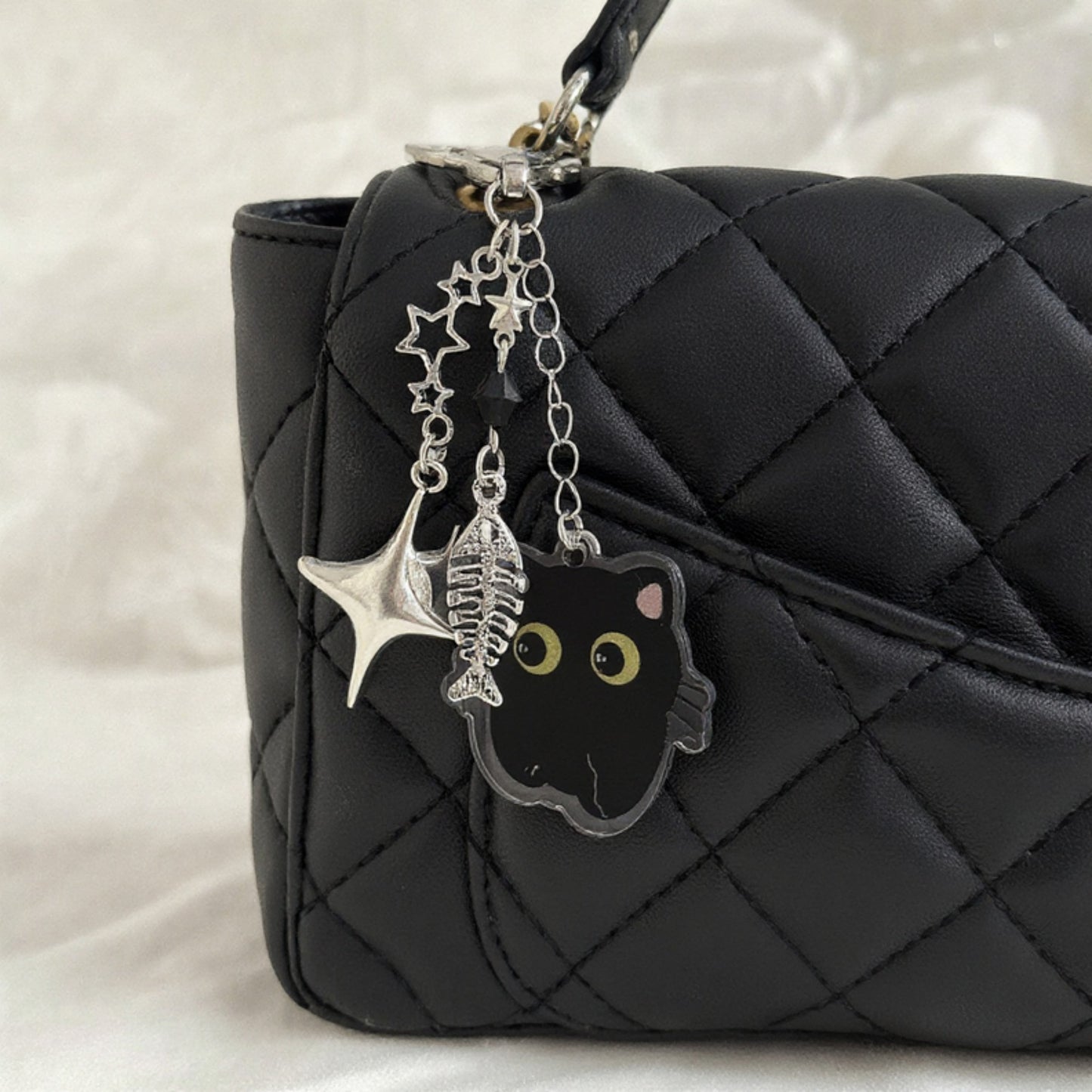 Black Cat Keychain with Heart Clasp and Silver Charms
