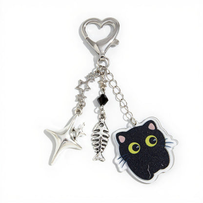 Black Cat Keychain with Heart Clasp and Silver Charms