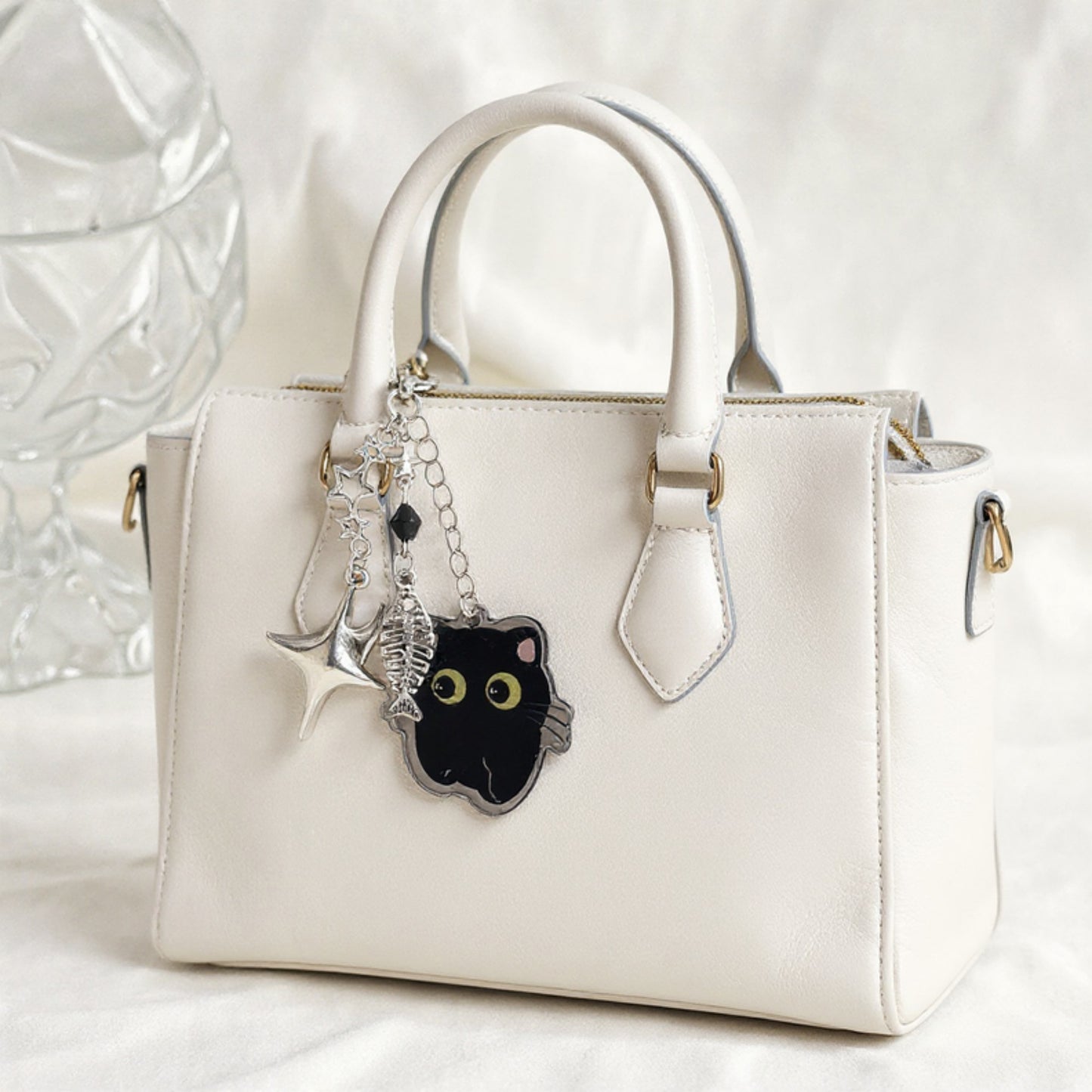 Black Cat Keychain with Heart Clasp and Silver Charms