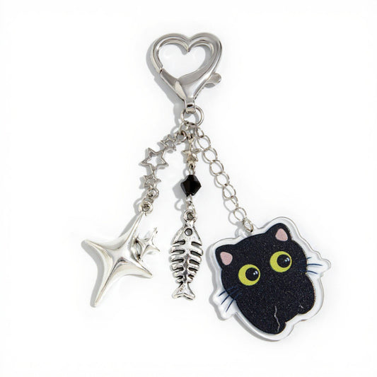 Black Cat Keychain with Heart Clasp and Silver Charms