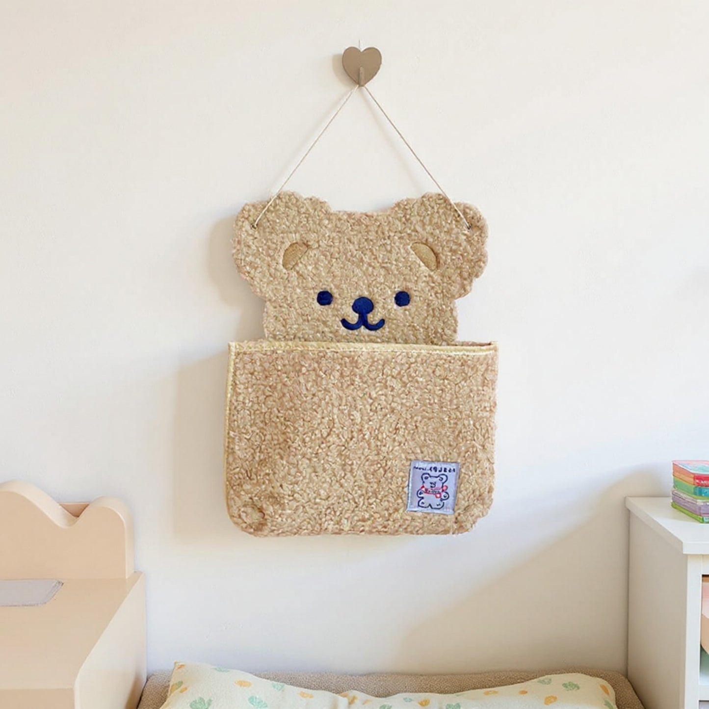 Plush Bear Wall Pocket Organizer with Hanging Loop and Front Storage Pouch
