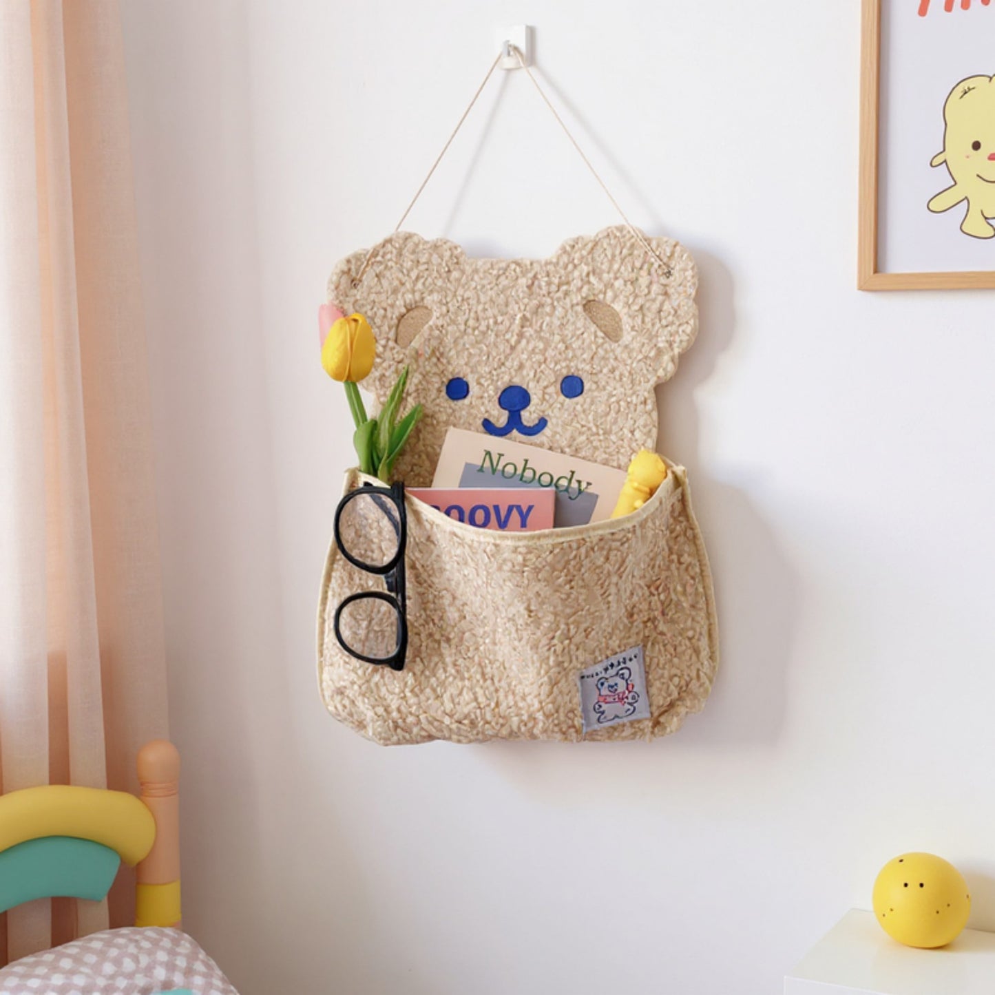 Plush Bear Wall Pocket Organizer with Hanging Loop and Front Storage Pouch