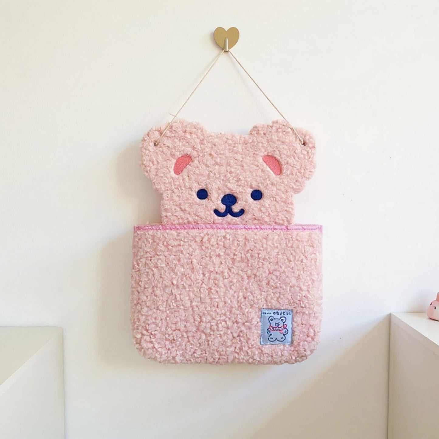 Plush Bear Wall Pocket Organizer with Hanging Loop and Front Storage Pouch