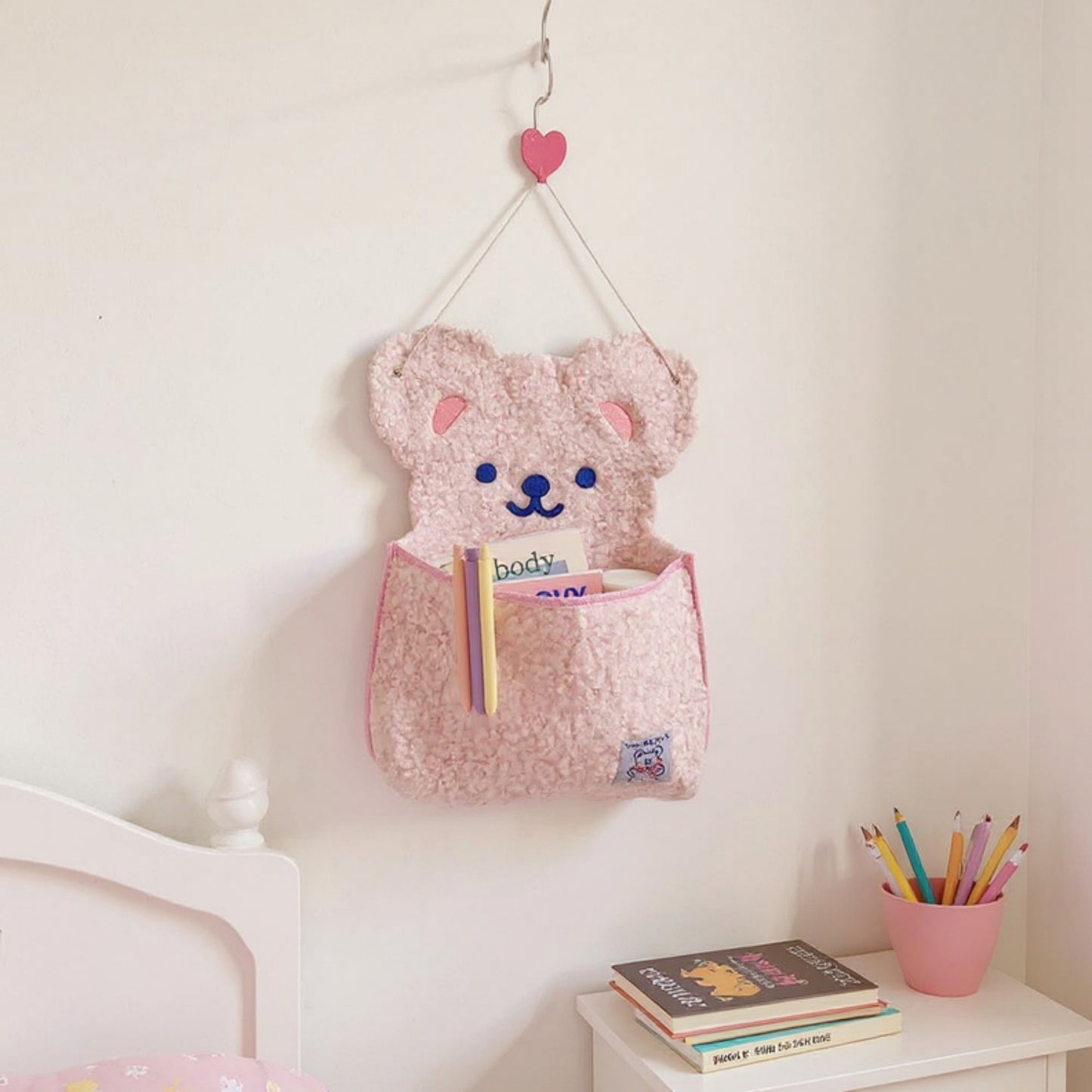 Plush Bear Wall Pocket Organizer with Hanging Loop and Front Storage Pouch