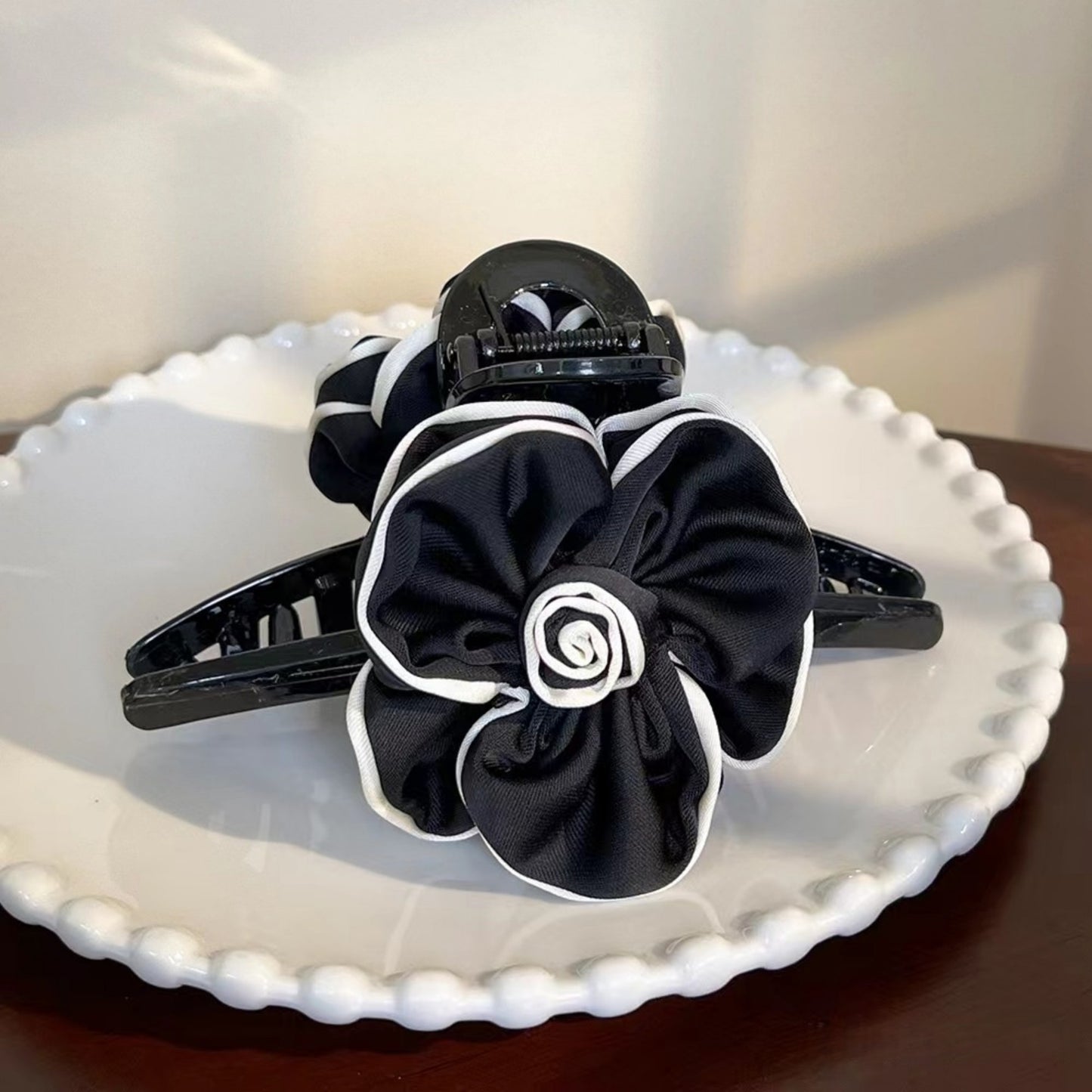 Fabric Flower Hair Claw Clip with Contrast Trim and Strong Grip