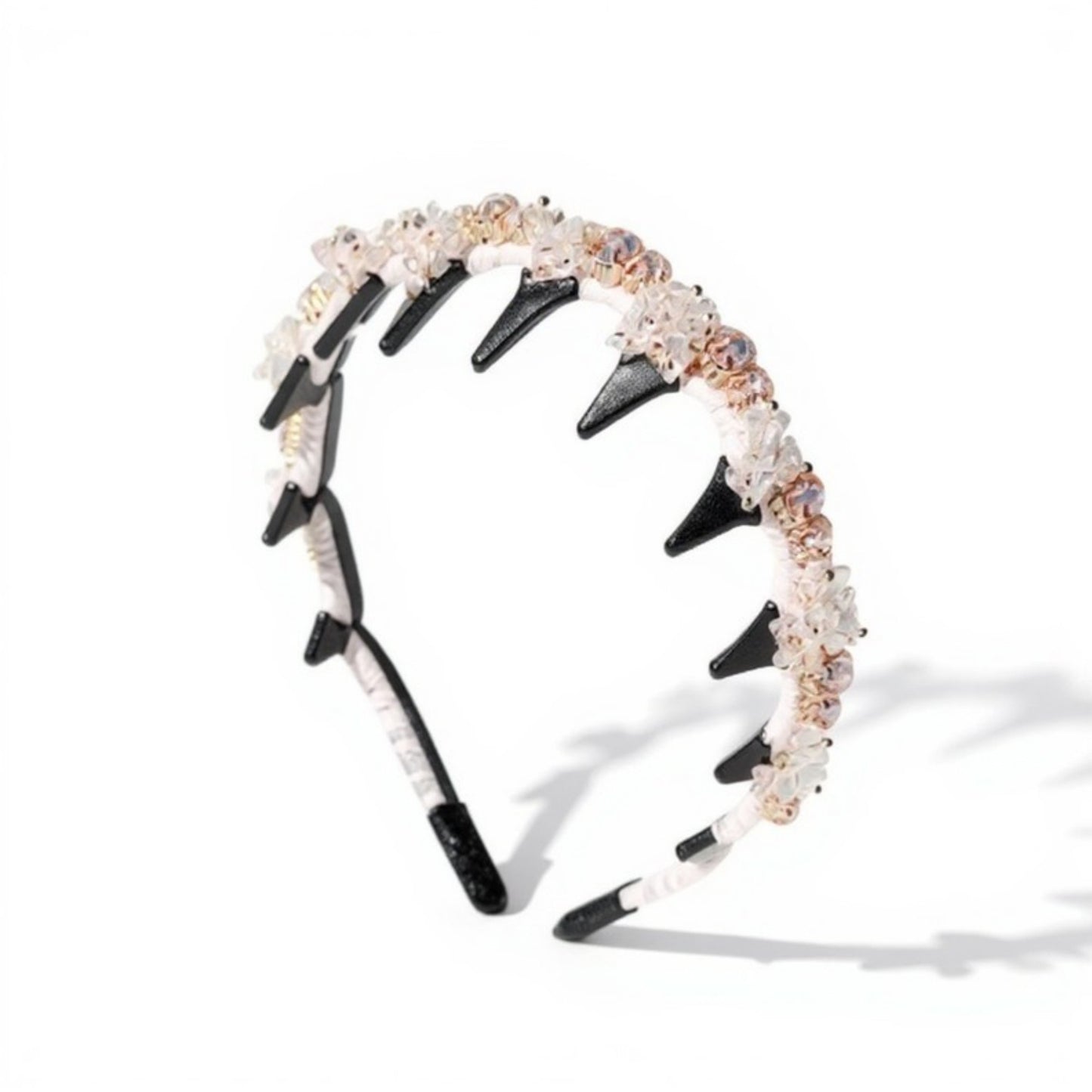 Embellished Crystal Bead Hairband with Wrapped Satin Design and Grip Teeth 5in