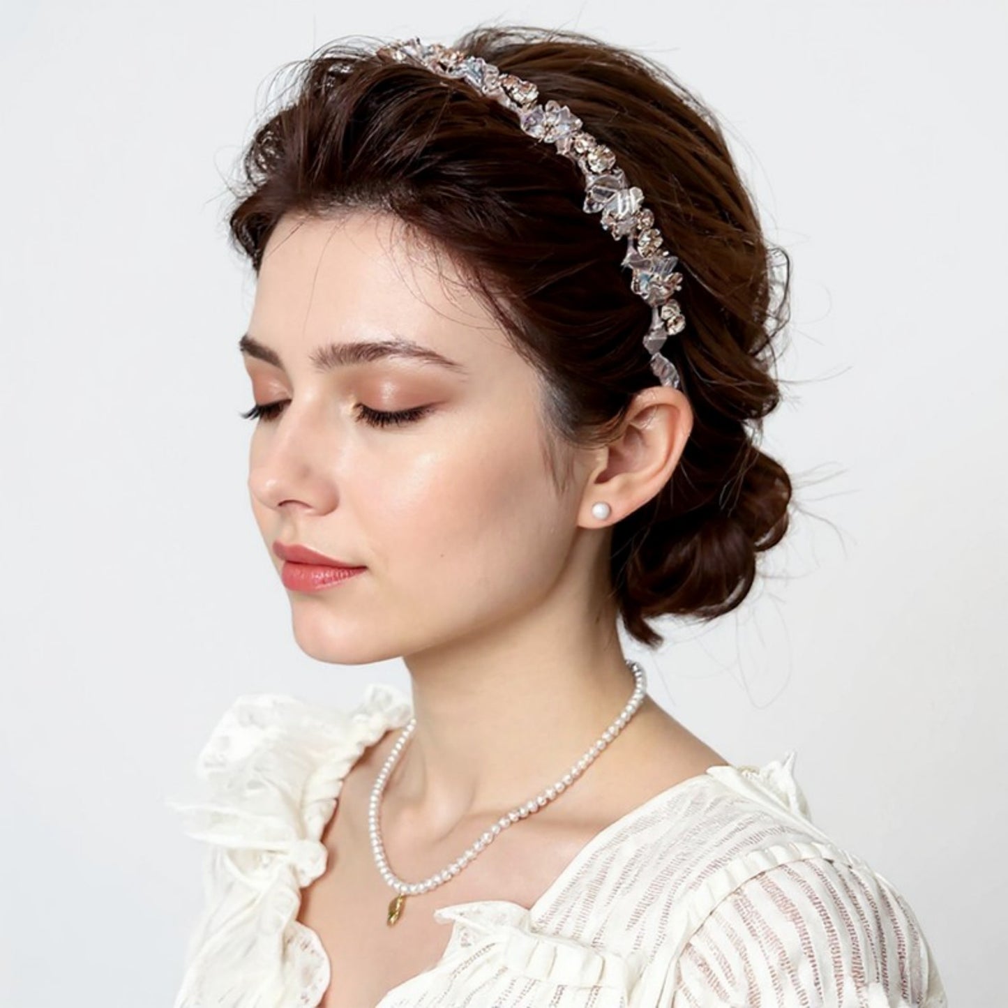 Embellished Crystal Bead Hairband with Wrapped Satin Design and Grip Teeth 5in