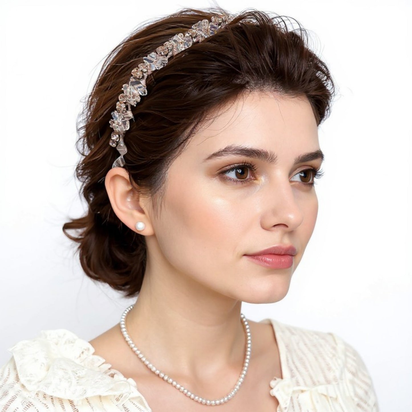 Embellished Crystal Bead Hairband with Wrapped Satin Design and Grip Teeth 5in