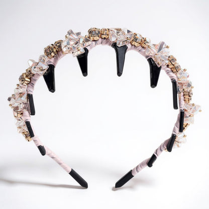 Embellished Crystal Bead Hairband with Wrapped Satin Design and Grip Teeth 5in