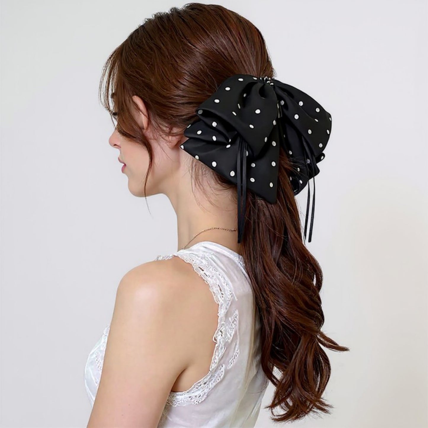 2-Piece Polka Dot Bow Hair Clips Set with Ribbon Tails and Oversized Design 7x4.7in