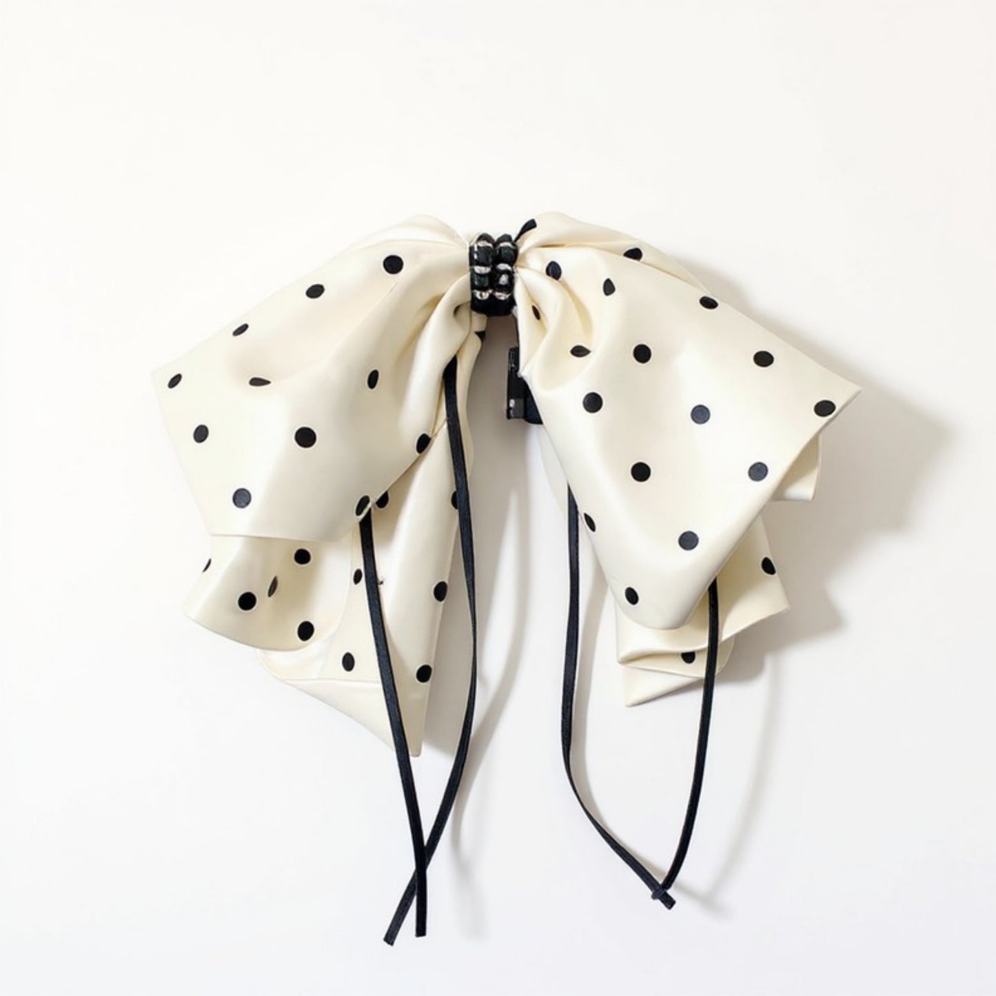 2-Piece Polka Dot Bow Hair Clips Set with Ribbon Tails and Oversized Design 7x4.7in