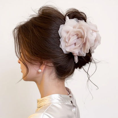 Large Sheer Fabric Flower Hair Clip with Layered Petal Design 5in