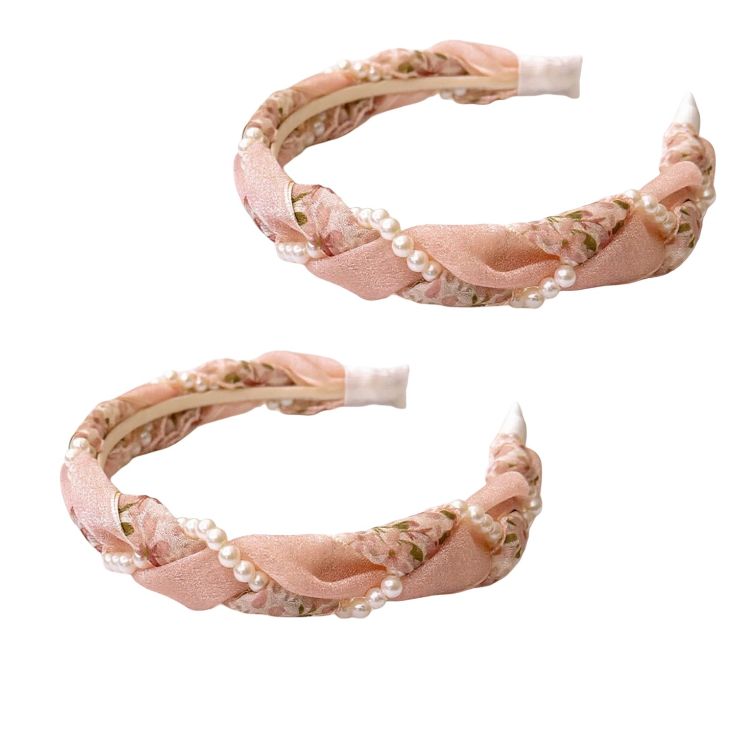 2pcs Twisted Floral Fabric Headband with Pearl Embellishment and Knotted Design 6x6.3in