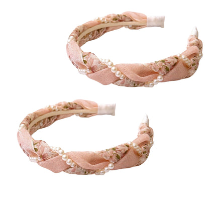 2pcs Twisted Floral Fabric Headband with Pearl Embellishment and Knotted Design 6x6.3in