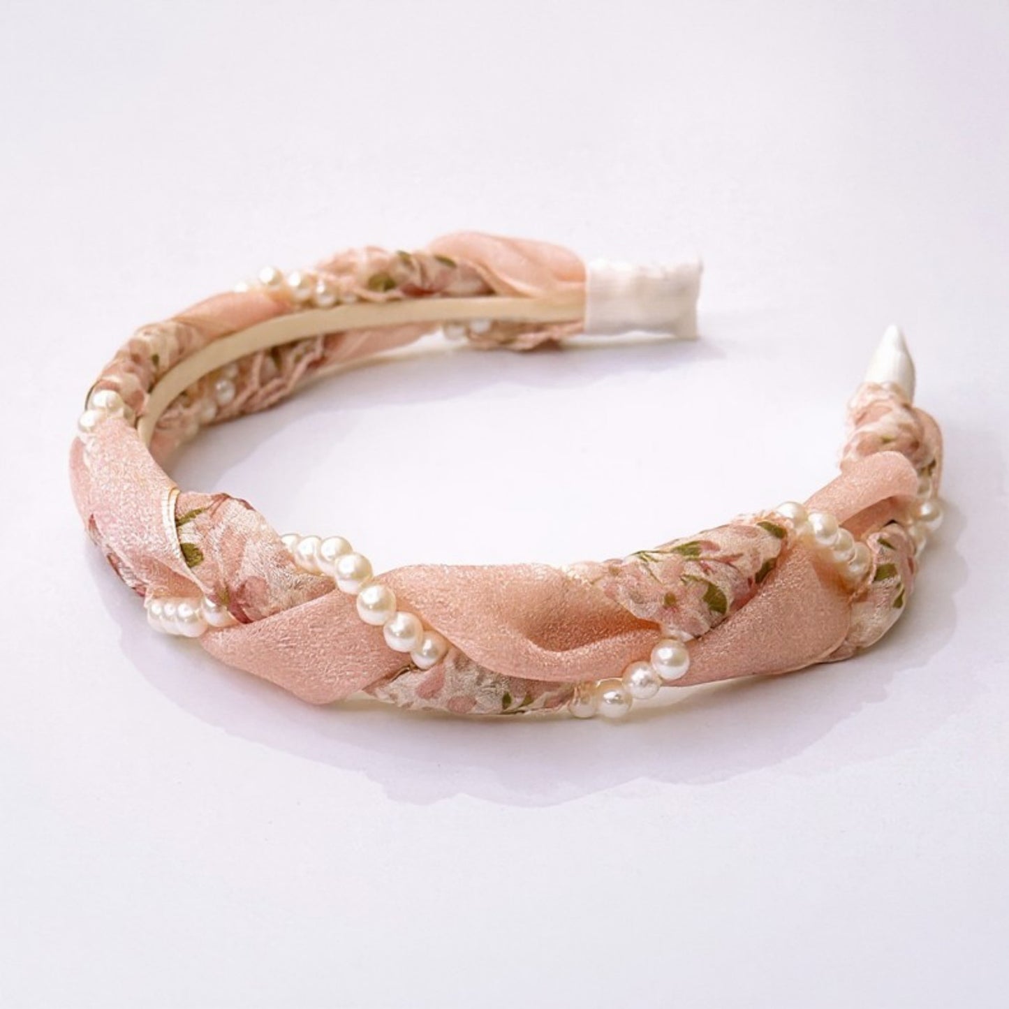 Twisted Floral Fabric Headband with Pearl Embellishment and Knotted Design 6x6.3in