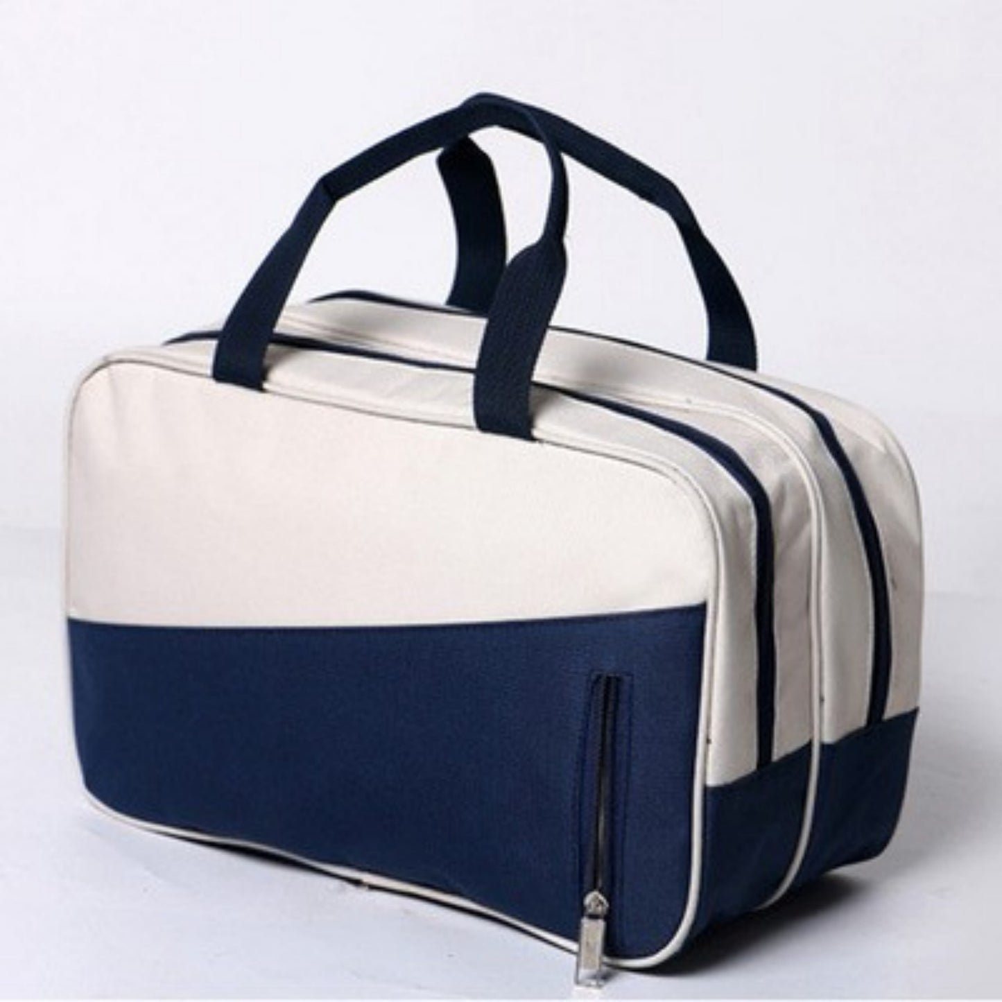 Two-Tone Canvas Travel Duffel Bag with Dual Handles and Front Zipper Pocket 7.8x13x6.3in