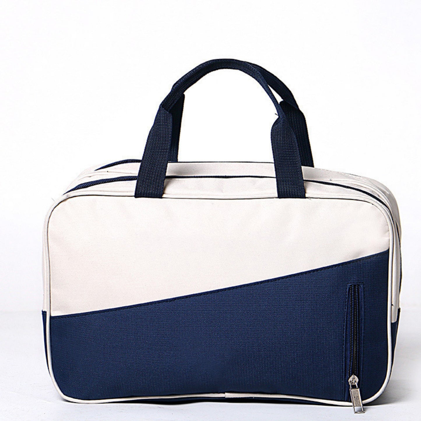 Two-Tone Canvas Travel Duffel Bag with Dual Handles and Front Zipper Pocket 7.8x13x6.3in