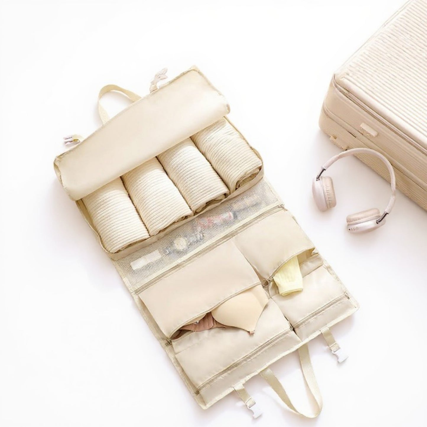 Multi-Compartment Hanging Organizer Bag with Zipper and Buckle Straps 29x17.5in
