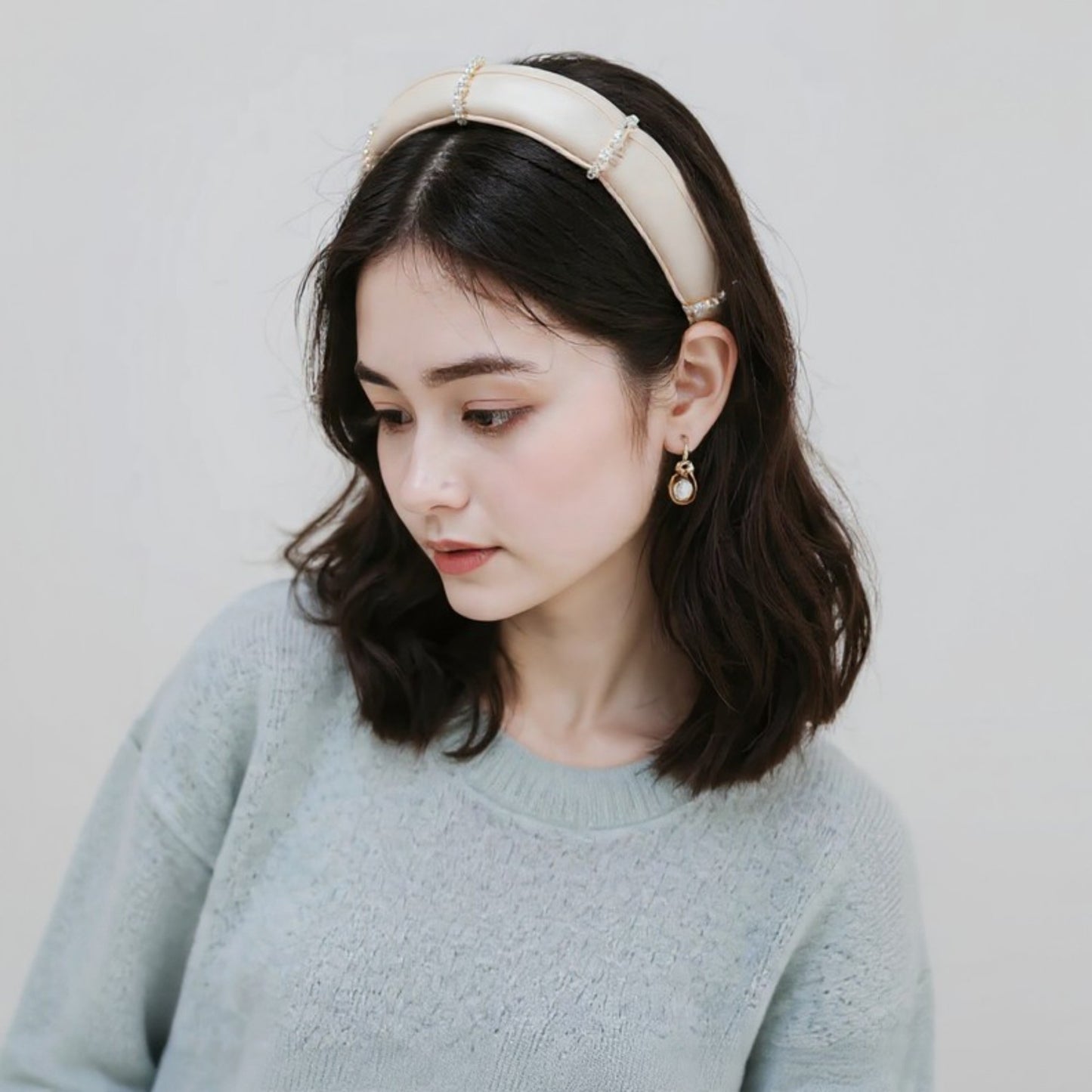 Padded Satin Headband with Pearl and Crystal Bead Embellishments 6.3x4.7x1.2in