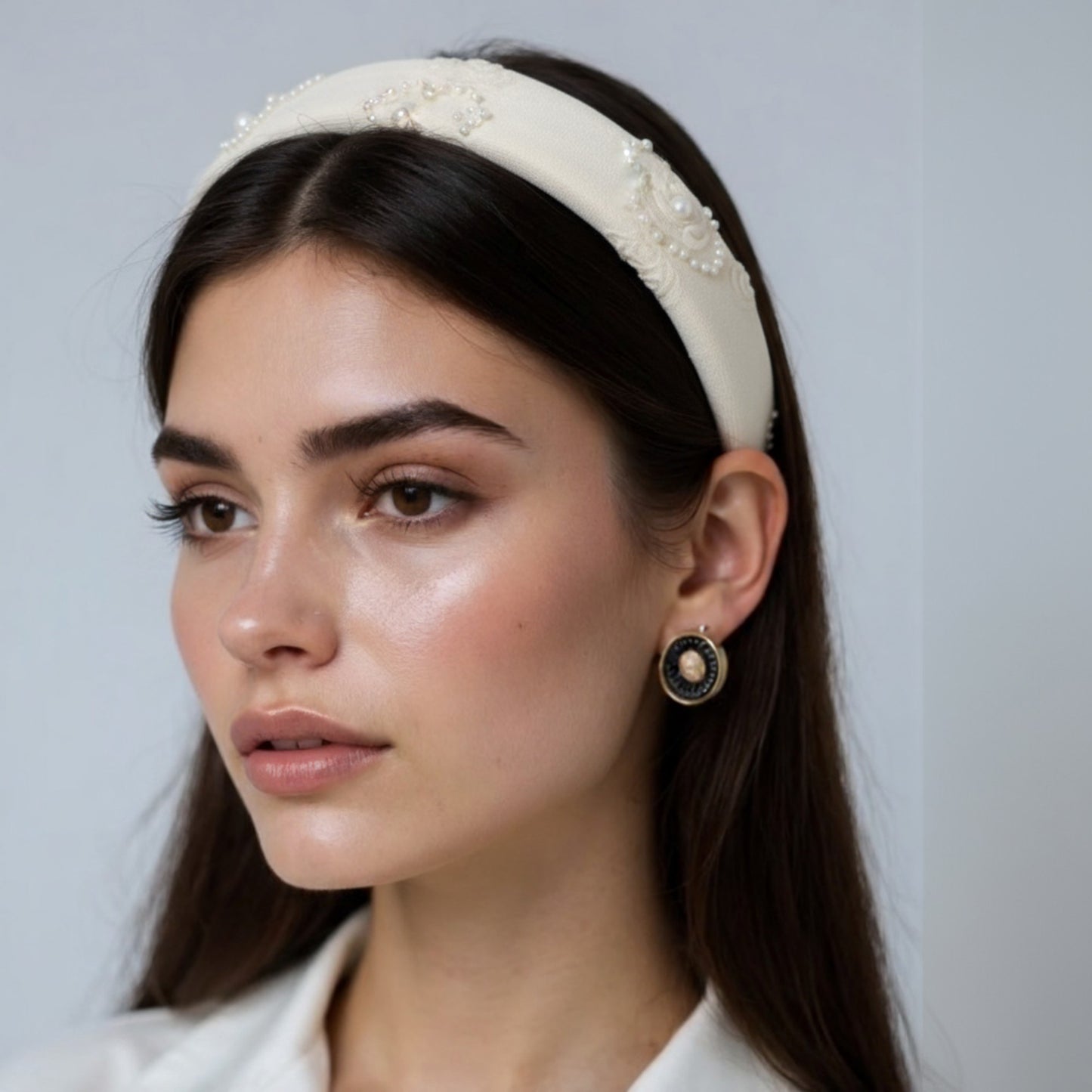 Padded Satin Headband with Pearl and Crystal Bead Embellishments 6.3x4.7x1.2in