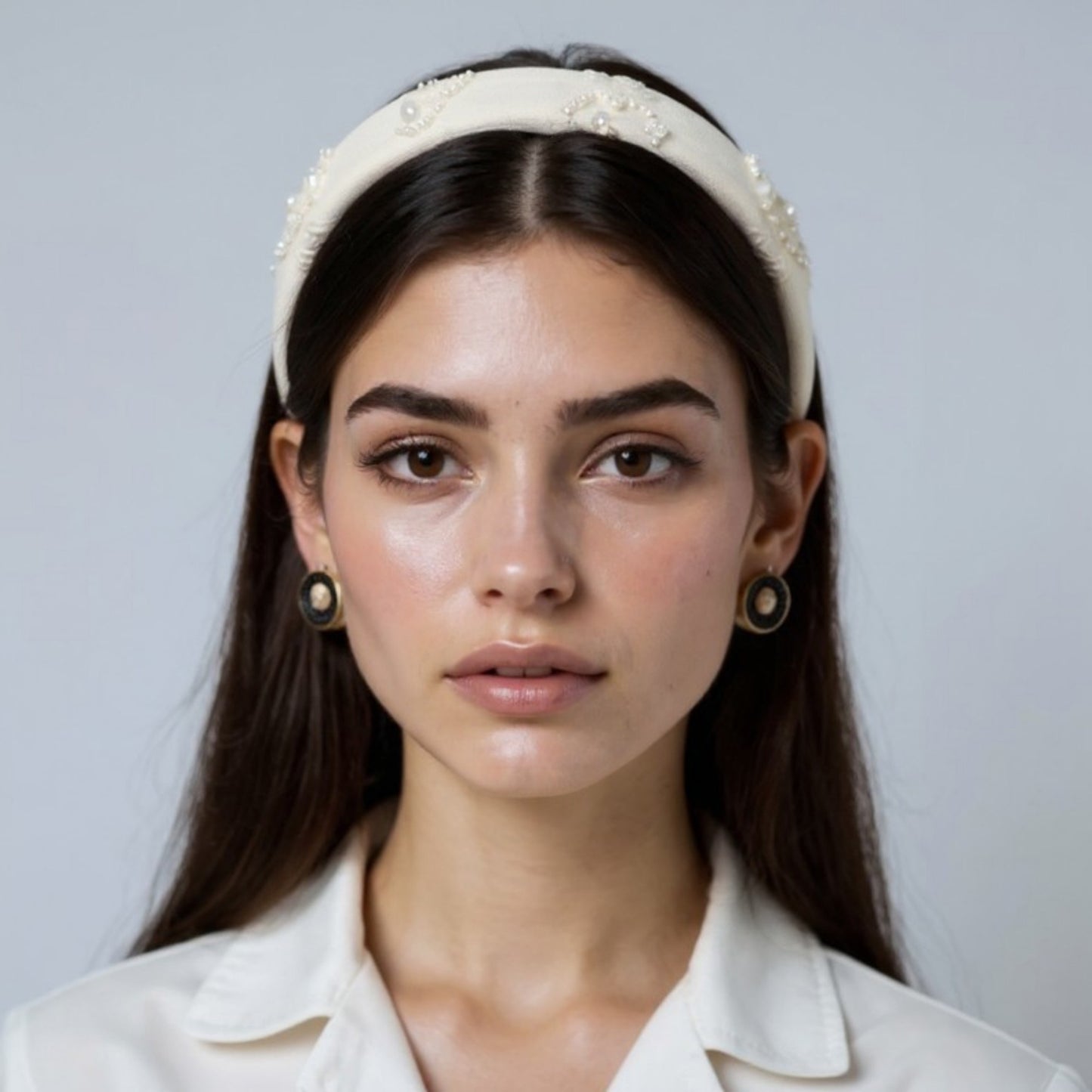 Padded Satin Headband with Pearl and Crystal Bead Embellishments 6.3x4.7x1.2in