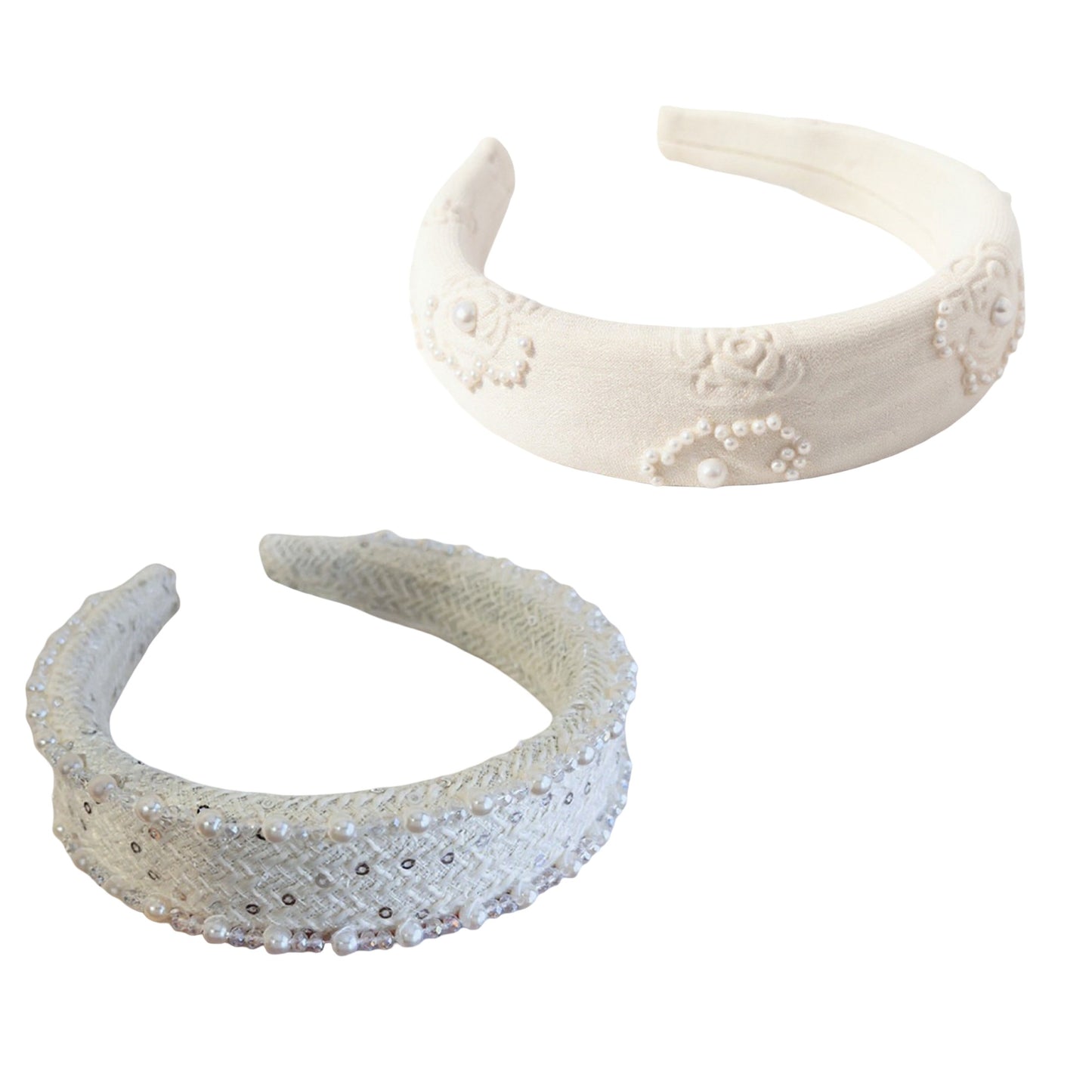 2pcs Women's Padded Satin Fashion Headband with Pearl Design and Crystal Bead Embellishments 6.3x4.7x1.2in