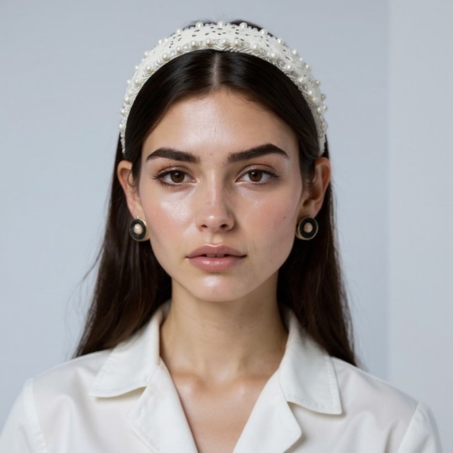 Padded Satin Headband with Pearl and Crystal Bead Embellishments 6.3x4.7x1.2in