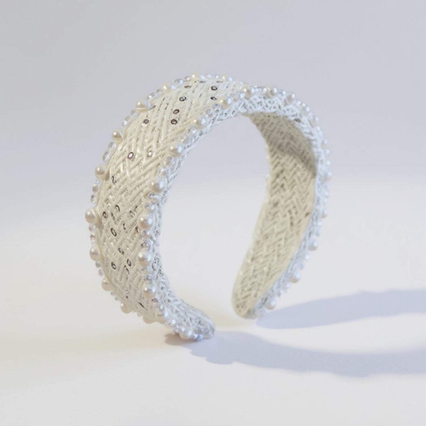 Padded Satin Headband with Pearl and Crystal Bead Embellishments 6.3x4.7x1.2in