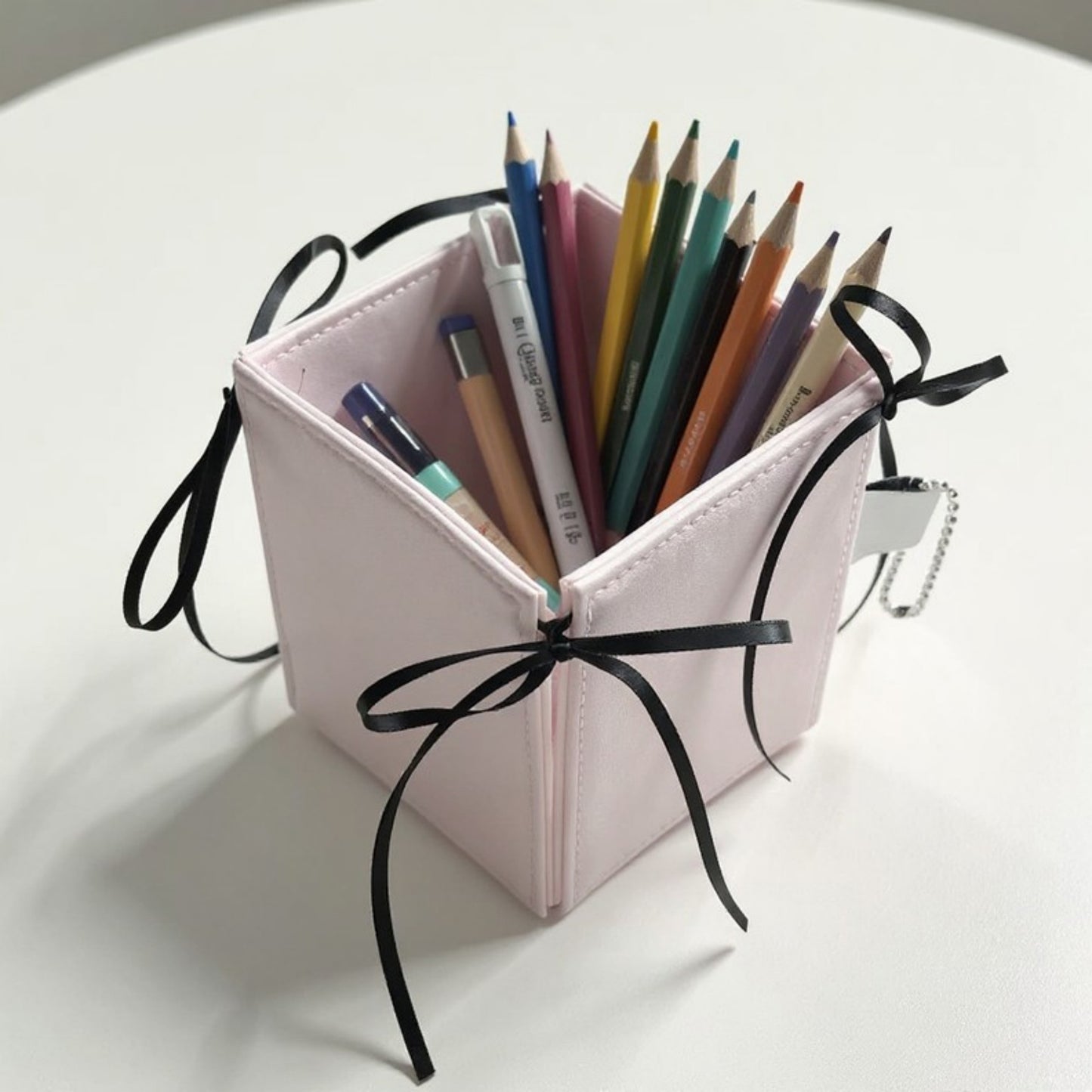 Foldable Pencil Holder with Ribbon Tie Corners and Multi-Section Design 3x4in