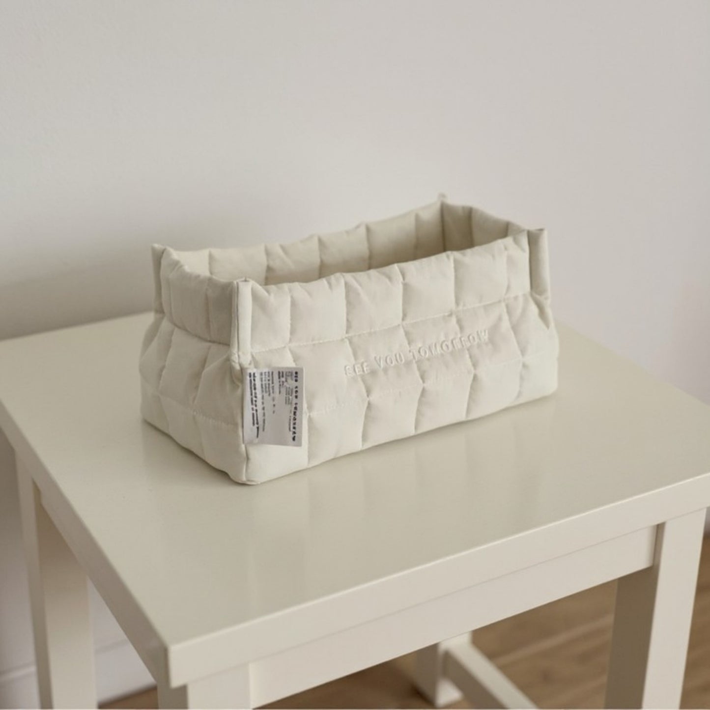 Quilted Storage Basket with Embroidered Text and Soft Padded Sides 12x6x5.5in