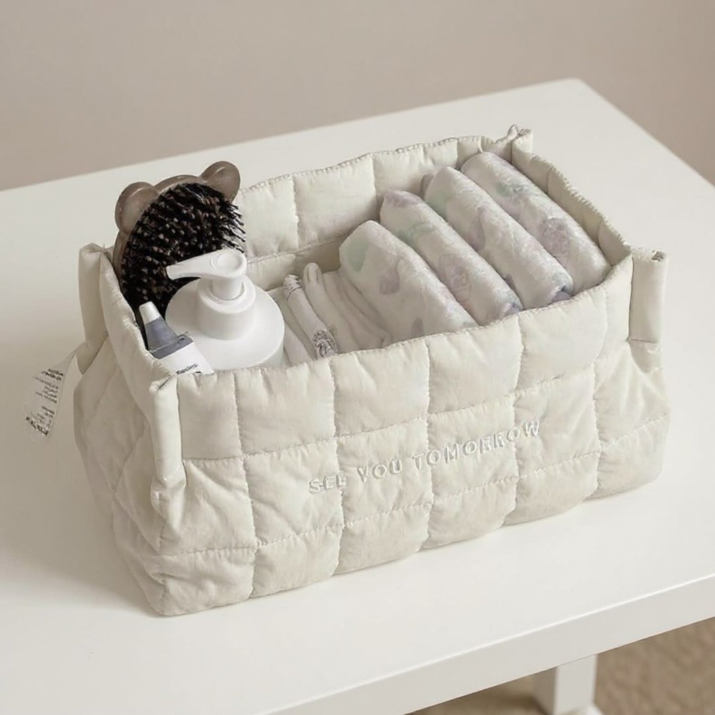 Quilted Storage Basket with Embroidered Text and Soft Padded Sides 12x6x5.5in