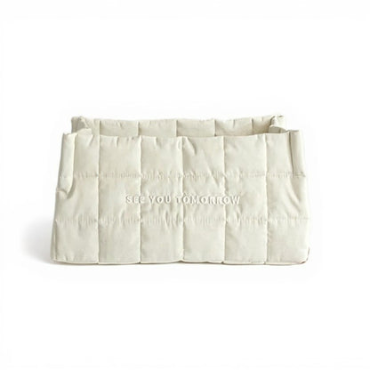 Quilted Storage Basket with Embroidered Text and Soft Padded Sides 12x6x5.5in