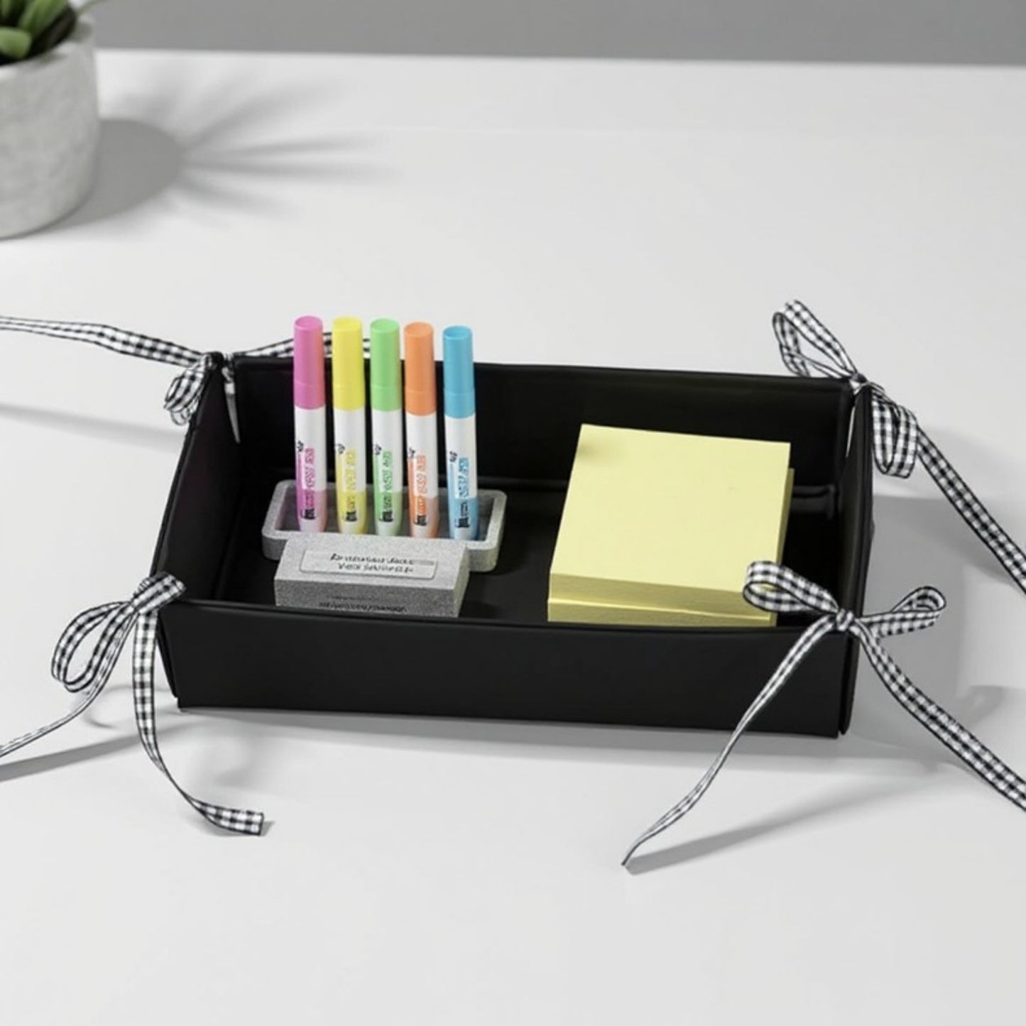 Rectangular Organizer Tray with Checkered Ribbon Tie Corners 4x8x2in