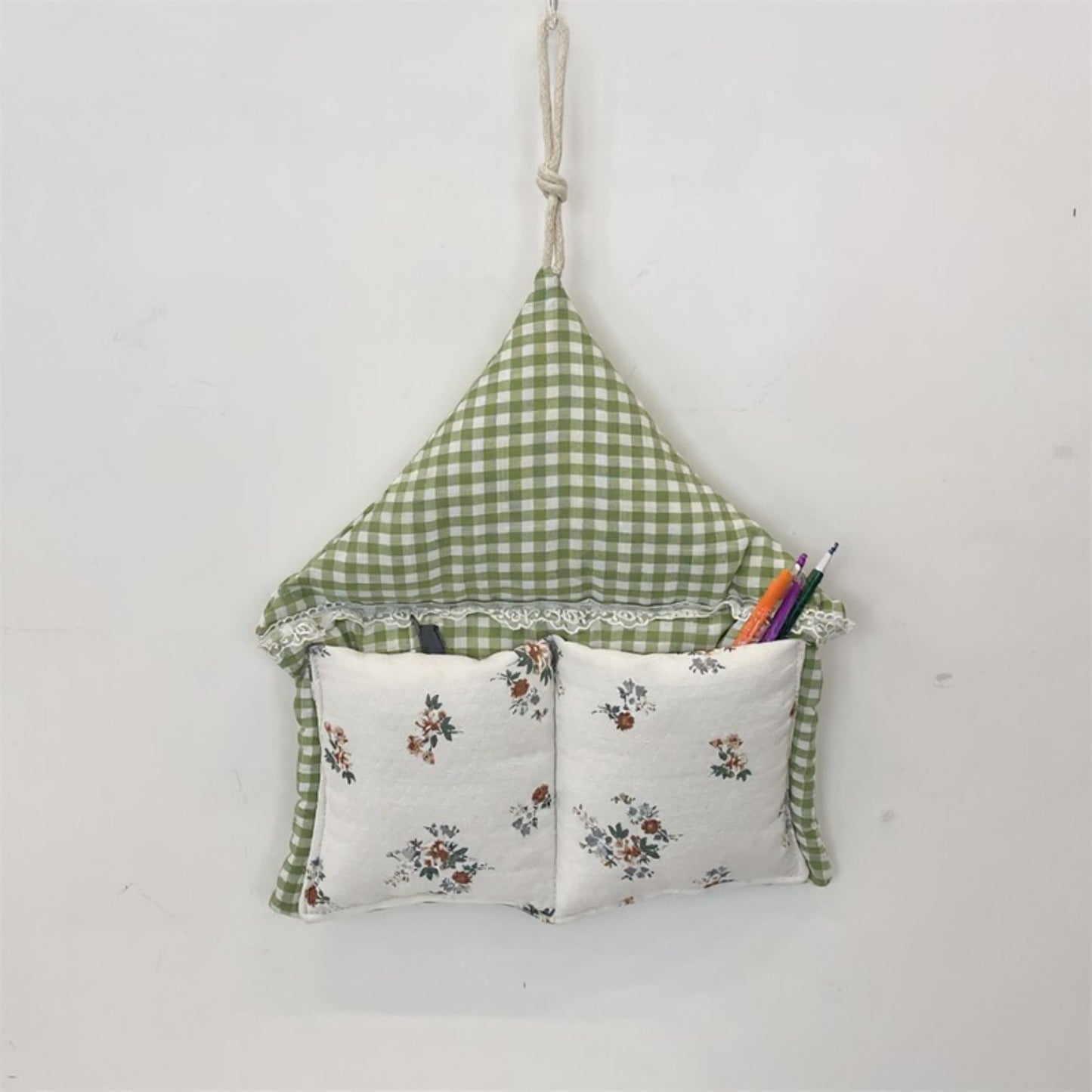 Hanging Wall Organizer with Gingham Top and Floral Double Pockets 11x10in