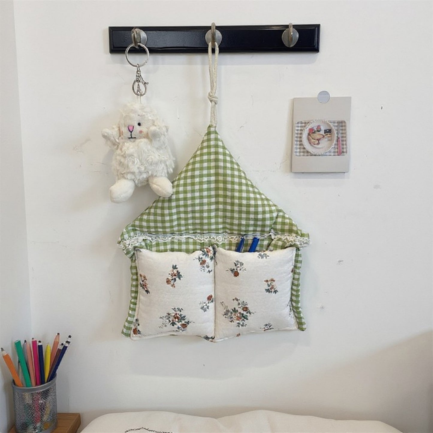Hanging Wall Organizer with Gingham Top and Floral Double Pockets 11x10in