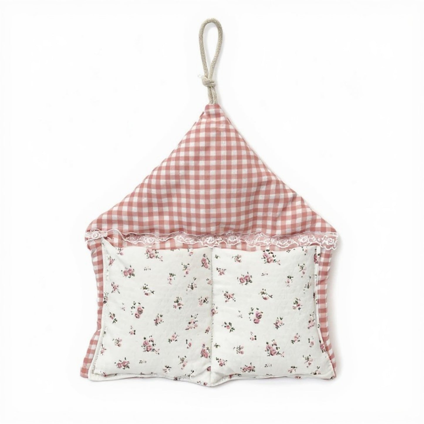 Hanging Wall Organizer with Gingham Top and Floral Double Pockets 11x10in