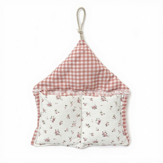Hanging Wall Organizer with Gingham Top and Floral Double Pockets 11x10in