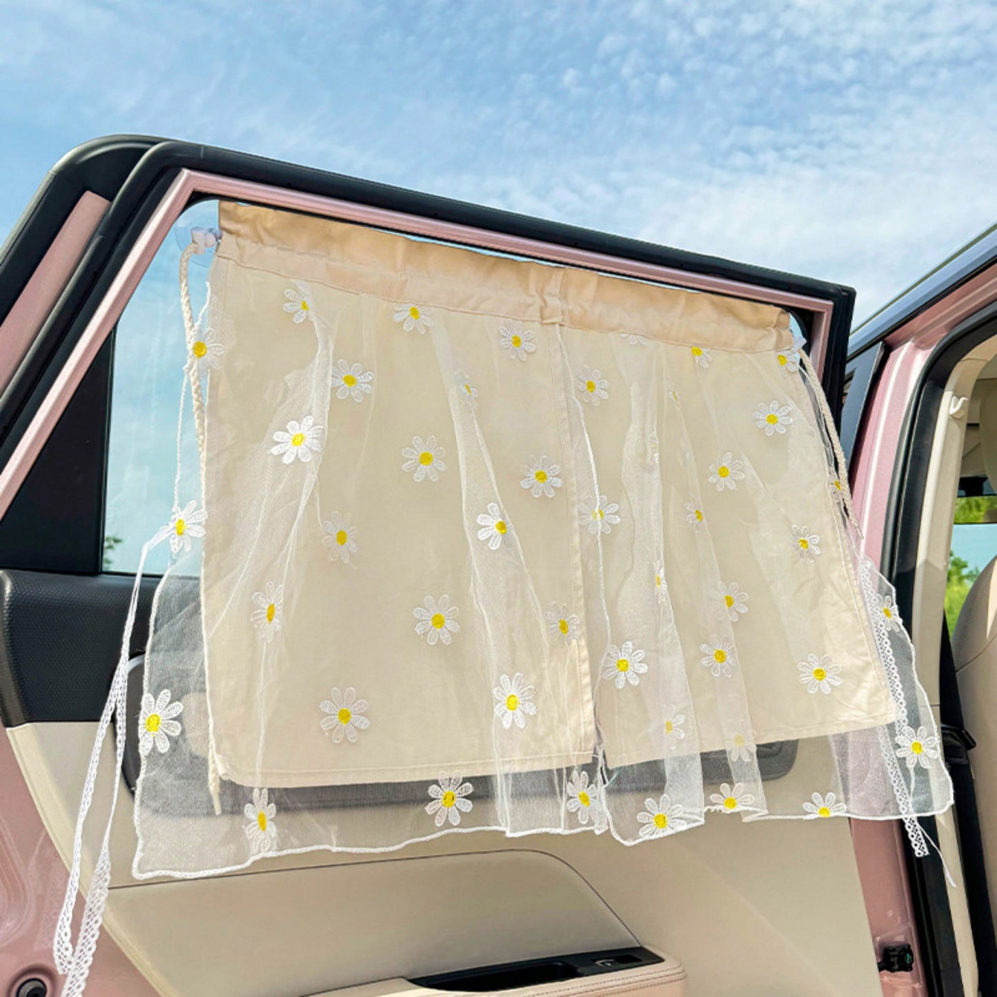 Floral Embroidered Car Window Curtain with Sheer Lace Daisy Design