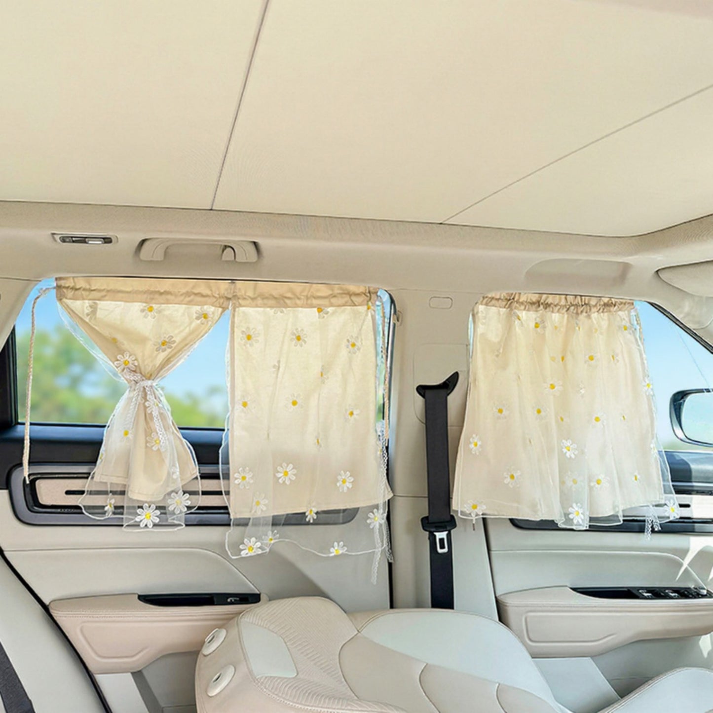 Floral Embroidered Car Window Curtain with Sheer Lace Daisy Design
