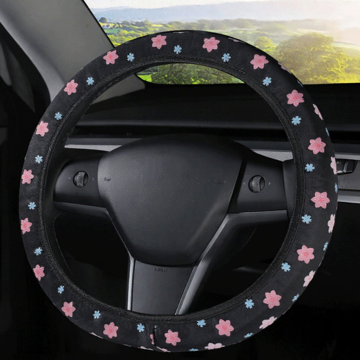 Plush Steering Wheel Cover with Floral Embroidered Pattern
