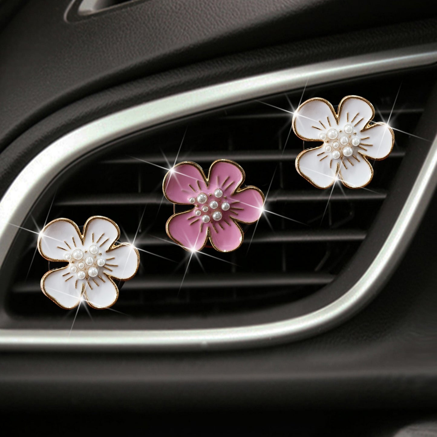 3-Piece Enamel Flower Car Air Vent Clip Set with Pearl Center Design 1.1in