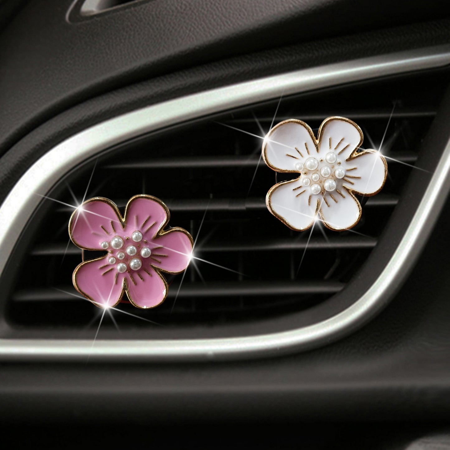 3-Piece Enamel Flower Car Air Vent Clip Set with Pearl Center Design 1.1in