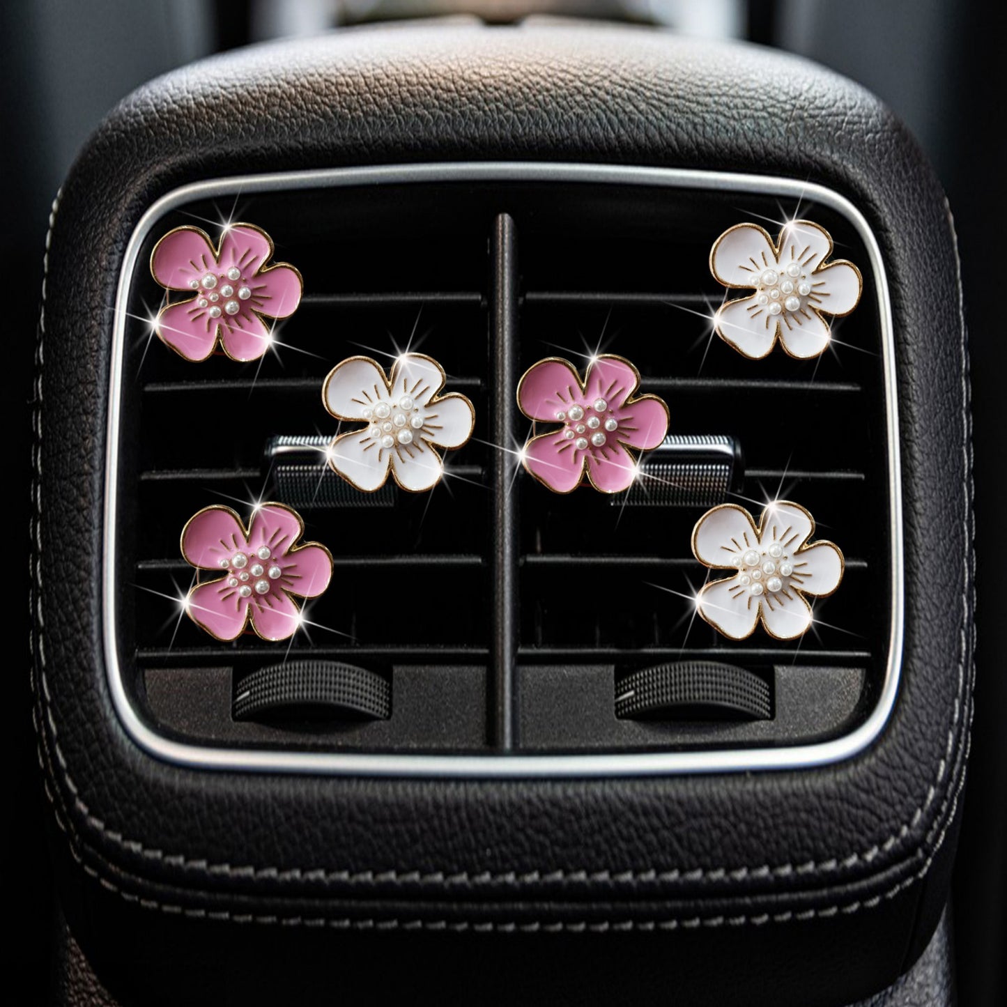 3-Piece Enamel Flower Car Air Vent Clip Set with Pearl Center Design 1.1in