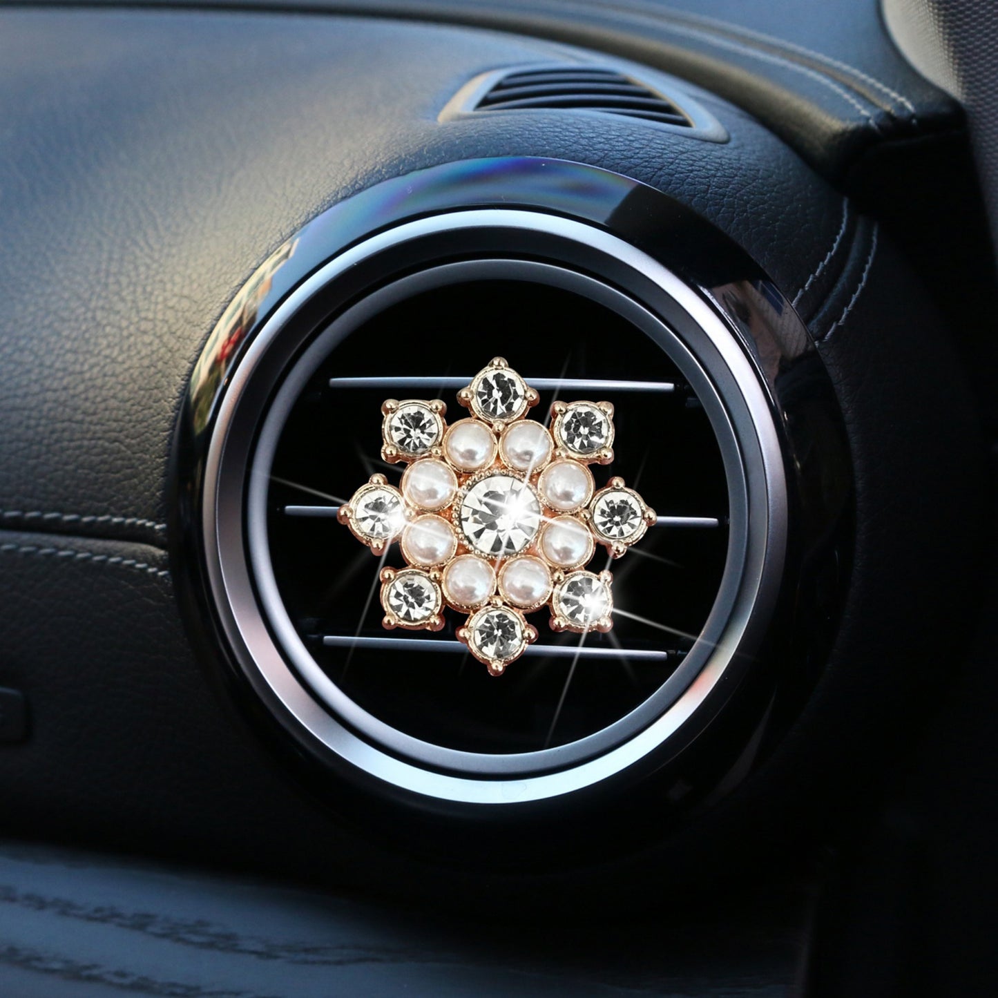 3-Piece Rhinestone and Pearl Car Air Vent Clip Set Crown and Flower Designs 0.8in
