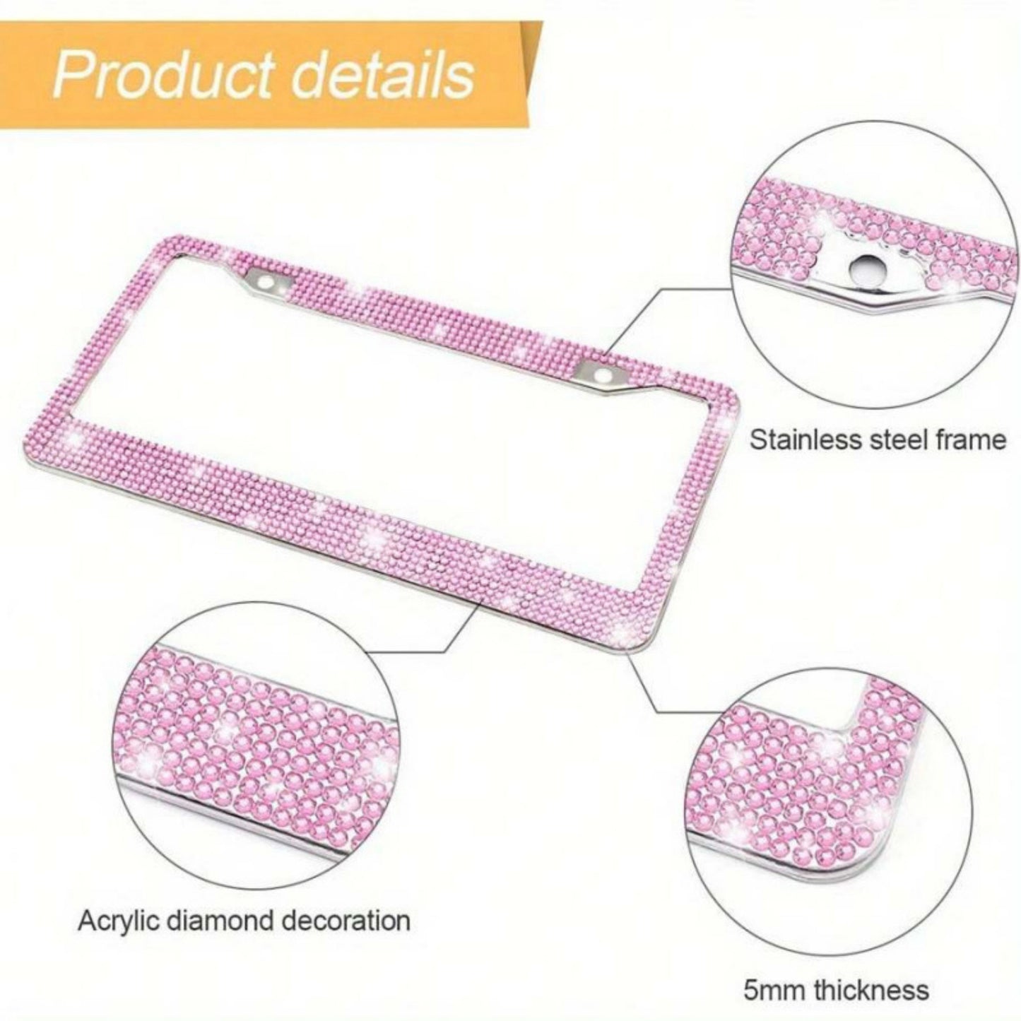 Rhinestone License Plate Frame 2-Piece Set Sparkling Crystal Car Accessory 12x6.5in