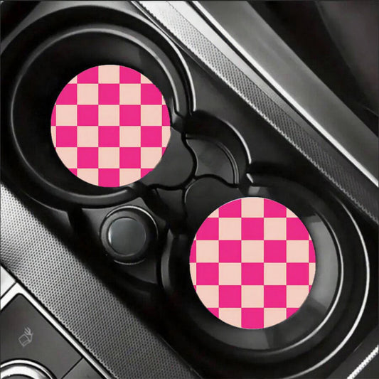 Checkered Car Cup Holder Coasters Anti-Slip Absorbent Mats Set of 2