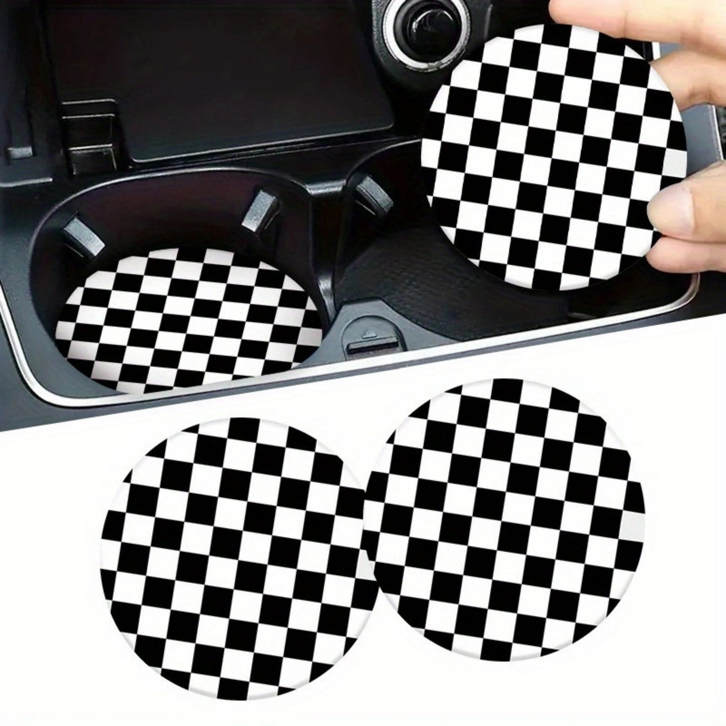 Checkered Car Cup Holder Coasters Anti-Slip Absorbent Mats Set of 2