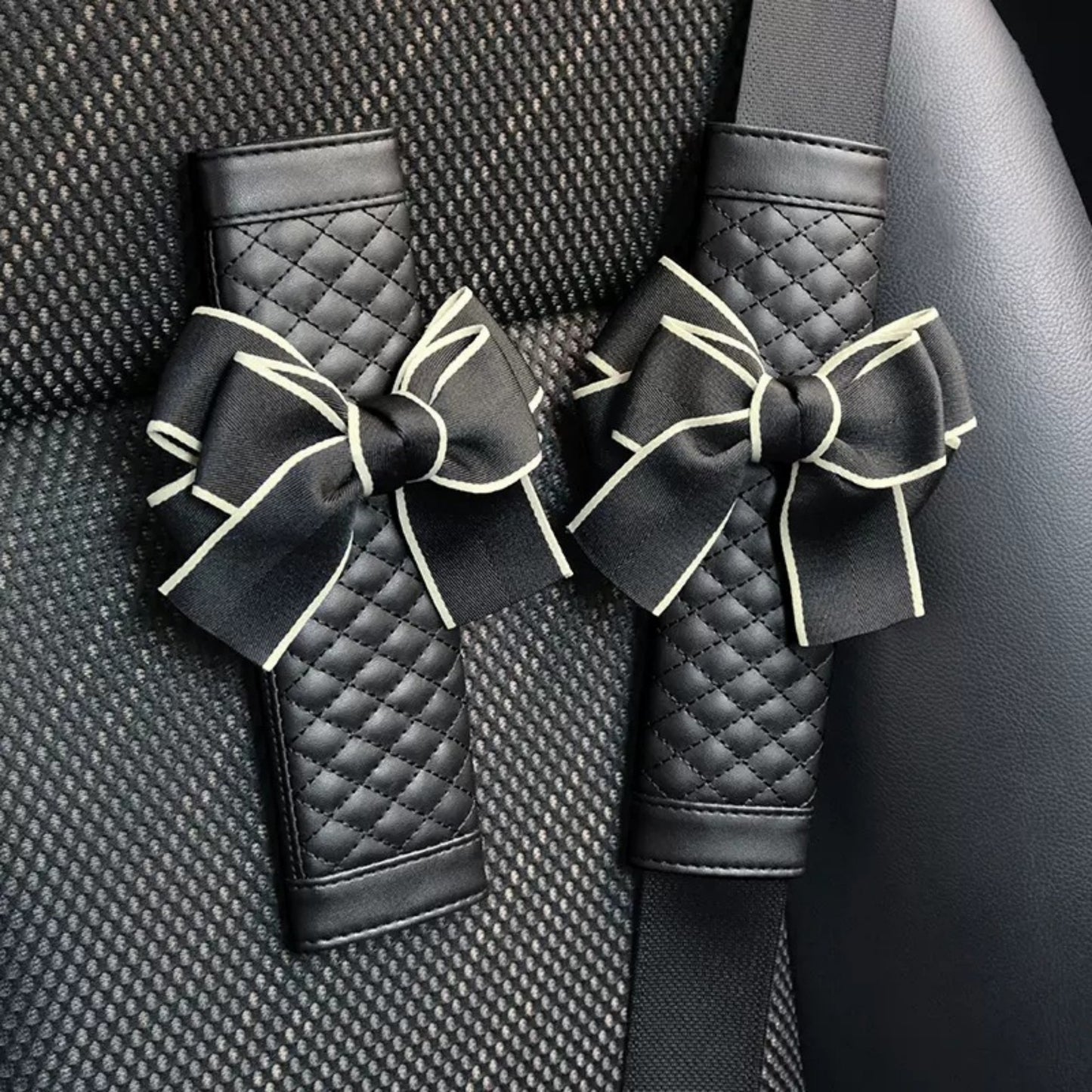 Quilted PU Leather Car Seat Belt Covers with Decorative Ribbon Bow Set
