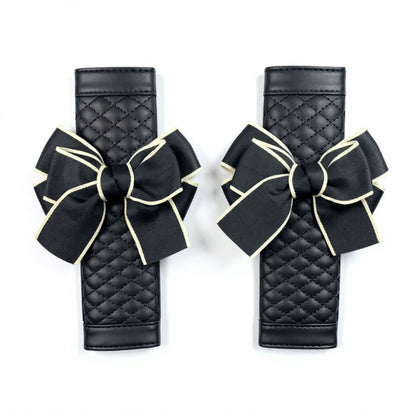 Quilted PU Leather Car Seat Belt Covers with Decorative Ribbon Bow Set